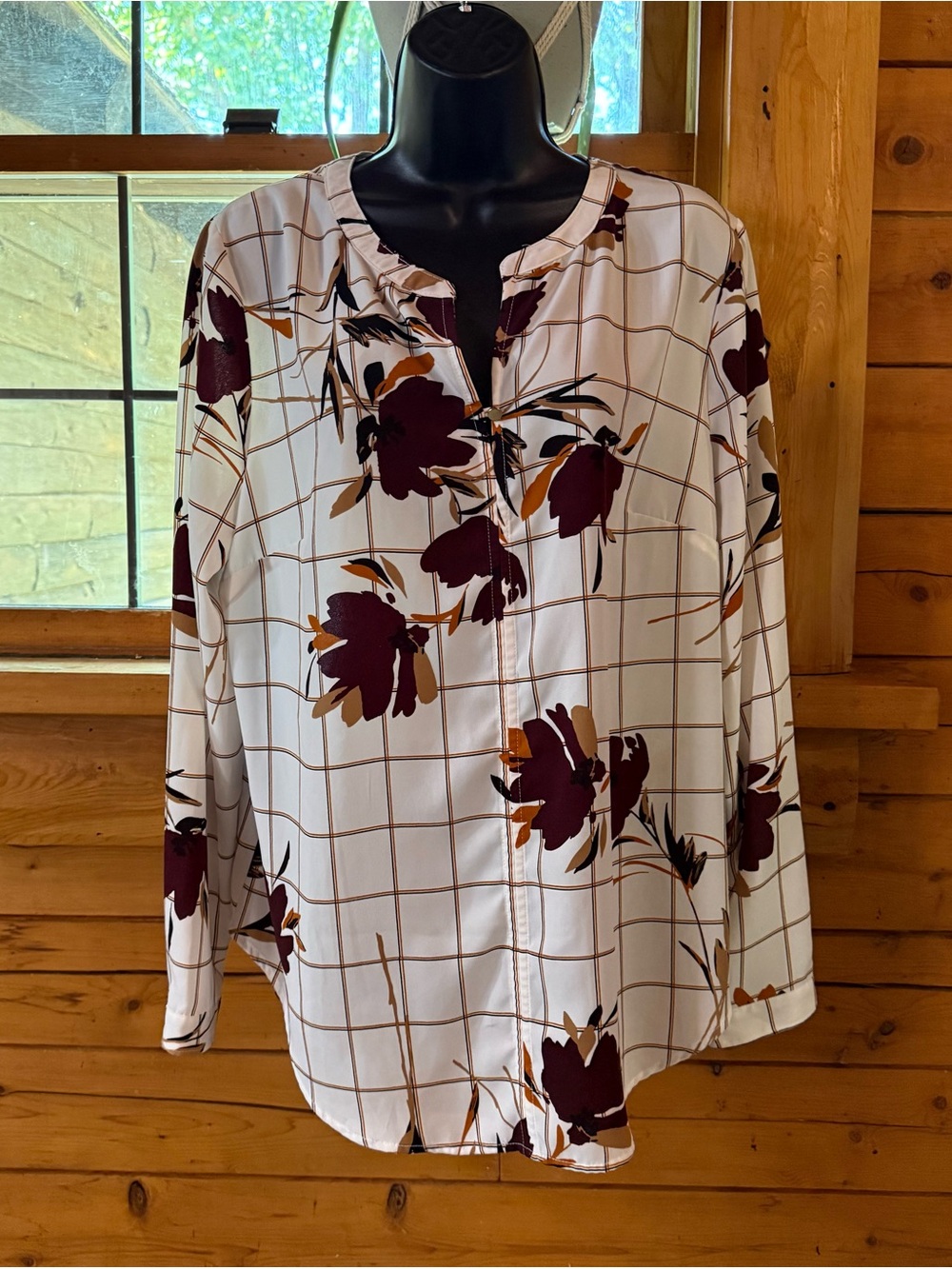 Liz Claiborne White Blouse with Burgundy and Tan Floral Grid